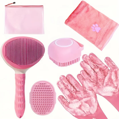 Dozpets 6pc Pink Dog Grooming Kit Nylon Brush Shedding Control Bath Set with Gloves Towel Nail Clipper  Storage Bag