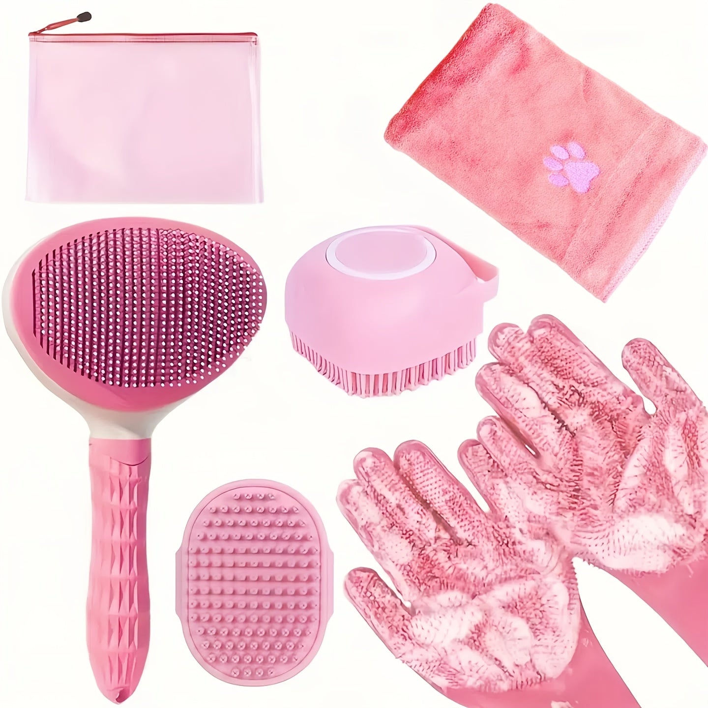 Dozpets 6pc Pink Dog Grooming Kit Nylon Brush Shedding Control Bath Set with Gloves Towel Nail Clipper  Storage Bag