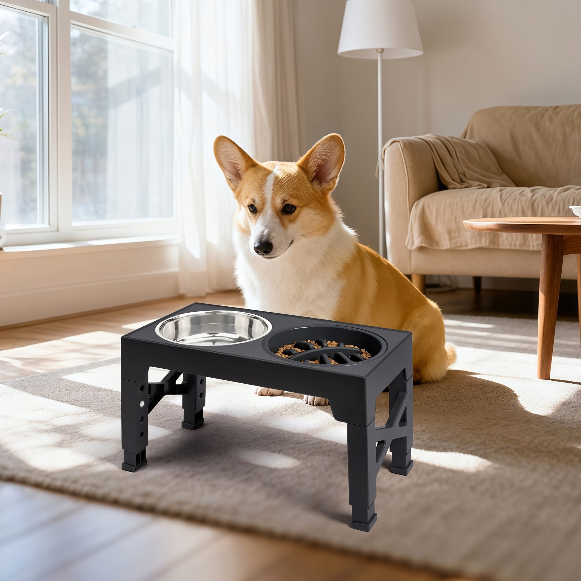 Elevated Dog Bowls 5 Adjustable Heights Raised Stand w 2 Stainless Steel  1 Slow Feeder Bowl