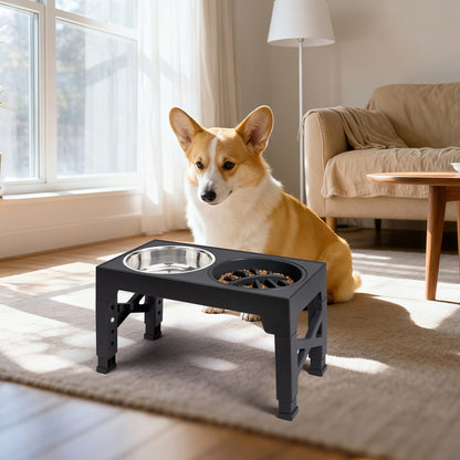 Elevated Dog Bowls 5 Adjustable Heights Raised Stand w 2 Stainless Steel  1 Slow Feeder Bowl