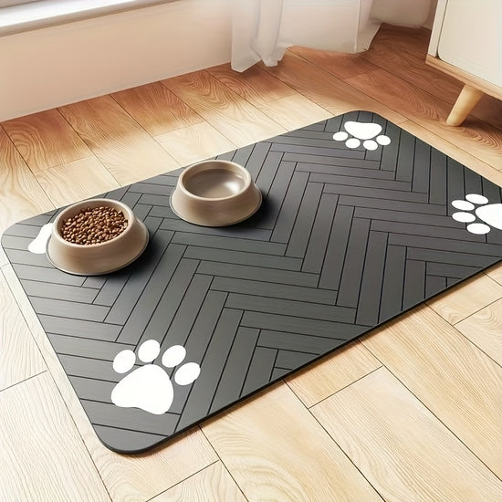 Quick Dry Diatomaceous Earth Pet Feeding Mat  SplashProof  Washable  Black Herringbone Paw Print