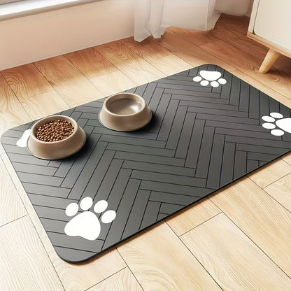 Quick Dry Diatomaceous Earth Pet Feeding Mat  SplashProof  Washable  Black Herringbone Paw Print